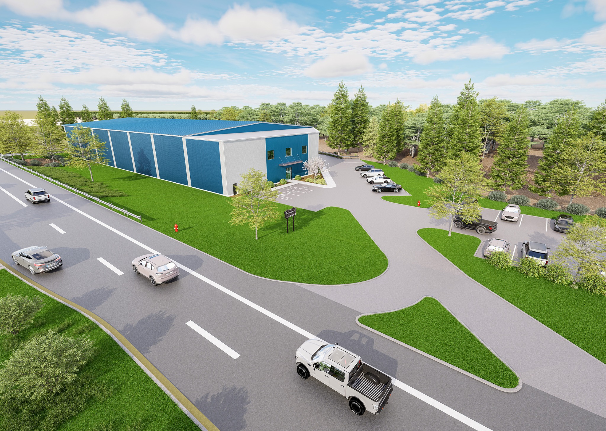 Architectural rendering of the Joy Pickleball facility with a blue exterior and landscaped grounds